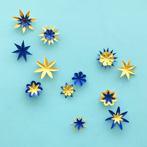 Kit fleurs liberty en papier bleu et jaune PliPapierCiseaux - idée décoration