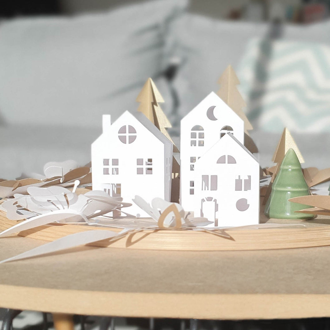 Kit de trois maisons en papier blanc PliPapierCiseaux - idée décoration